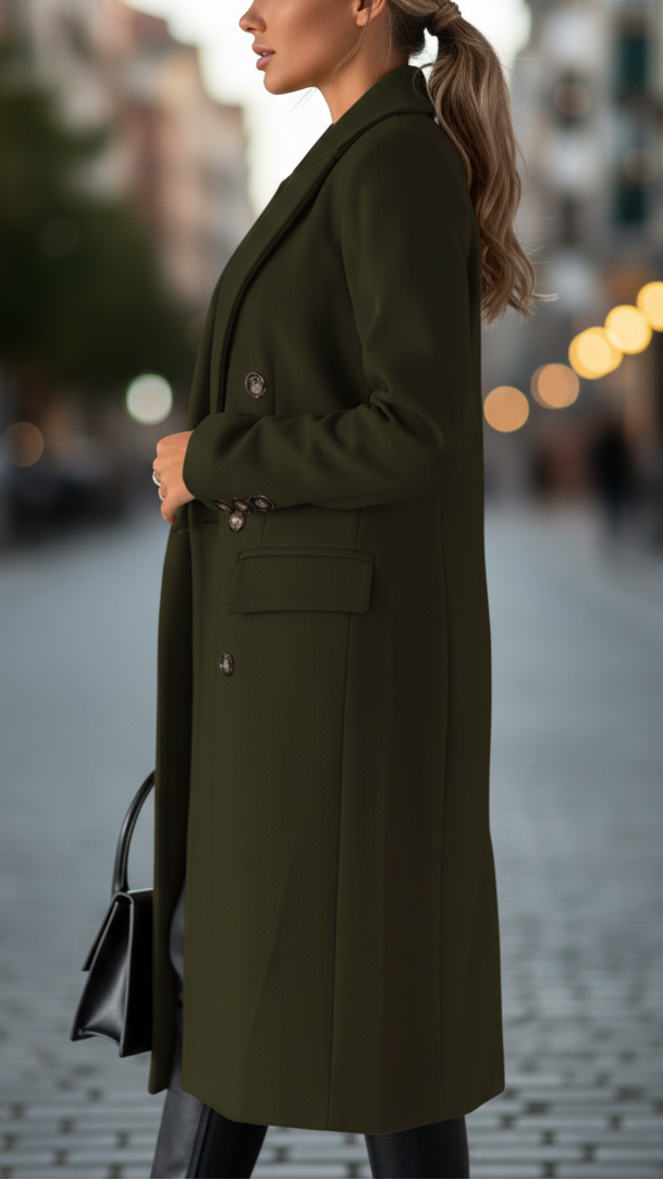 Olive green Elena classic tailored coat by Lumina Wear, featuring a structured design and stylish lapels for a polished look.