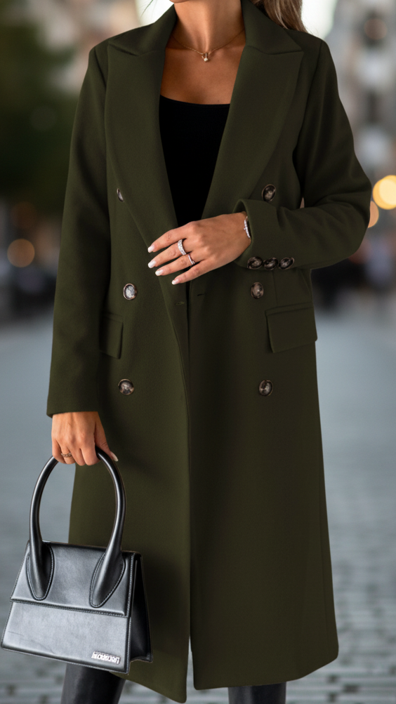 Olive green Elena Lumina Wear classic tailored coat with structured fit, long sleeves, and collar, displayed on a hanger.