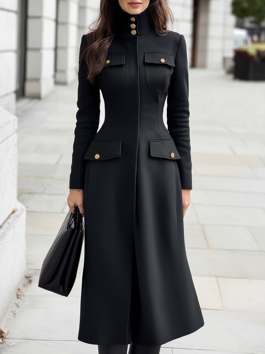 Black Marlowe coat dress with military details from Lumina Vancouver, featuring a midi length and structured design.