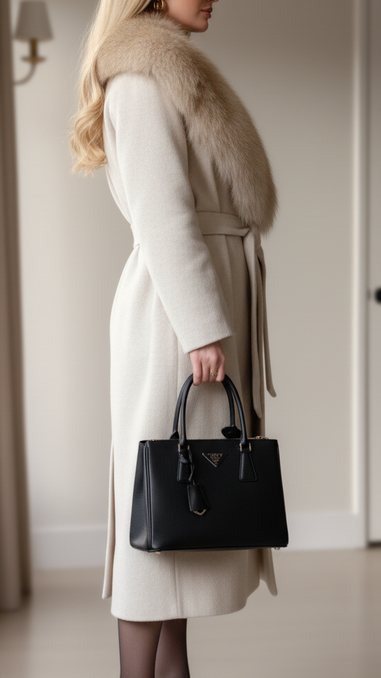 Ivory Elena coat by Lumina Vancouver featuring a faux fur collar and belt, shown on a model with front view.