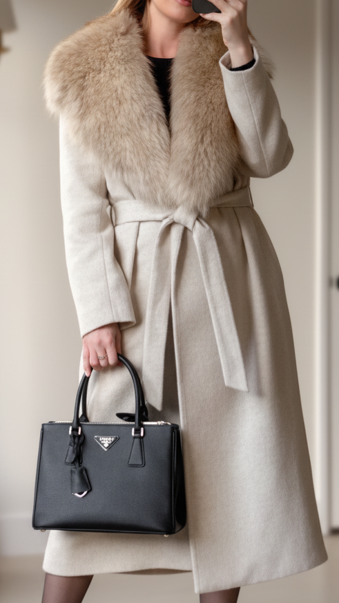 Ivory Lumina Elena coat with faux fur collar and belt, stylish winter outerwear, shown on a model.