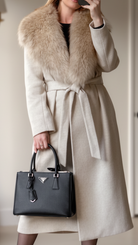 Ivory Lumina Elena coat with faux fur collar and belt, stylish winter outerwear, shown on a model.