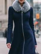 Navy blue Cecile coat with faux fur collar by Lumina Vancouver, shown with front view and stylish design details.