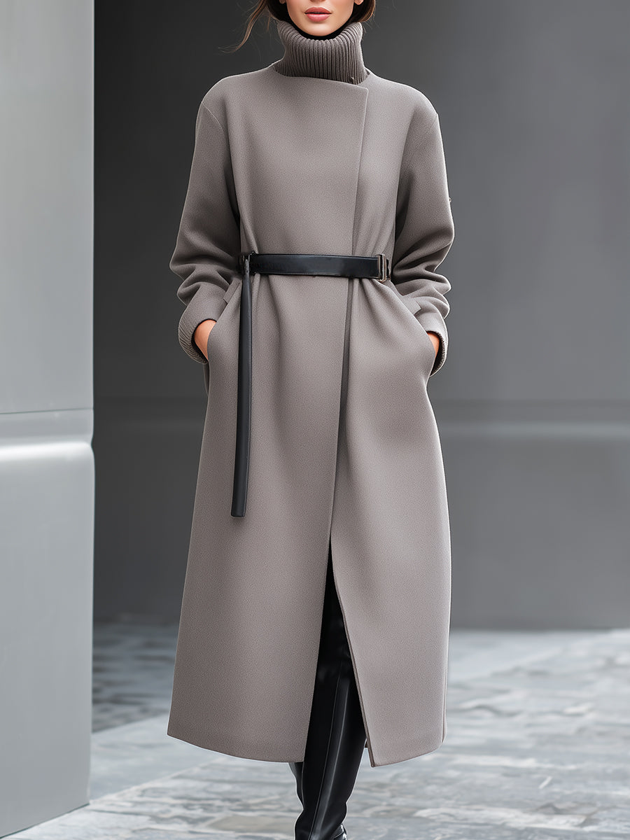 Taupe Wilhelmina coat with minimalist belt design by Lumina Vancouver, shown on a model with a tailored fit and clean lines.