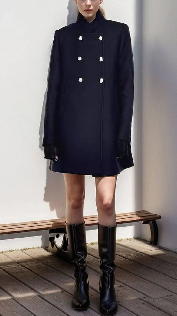 Navy blue Elena Collar Maxi Structured Coat by Lumina Vancouver, showing a tailored long coat with collar detail.