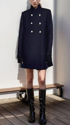 Navy blue Elena Collar Maxi Structured Coat by Lumina Vancouver, showing a tailored long coat with collar detail.