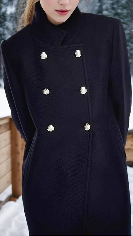 Navy blue Elena Collar Maxi Structured Coat by Lumina Vancouver, showing the coat's tailored collar and sleek design.