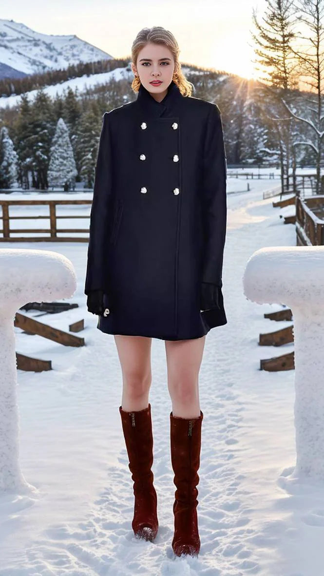 Navy blue Elena collar maxi structured coat by Lumina Vancouver, shown in XS size, detailed view of the tailored coat design.