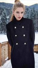 Navy blue Elena collar maxi structured coat by Lumina Wear, showcasing a tailored design and elegant length.