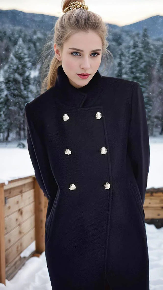 Navy blue Elena collar maxi structured coat by Lumina Vancouver with tailored design and long sleeves.