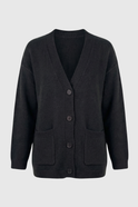 Black knit cardigan with ribbed details from Lumina Wear's Elena collection, featuring a cozy design and relaxed fit.