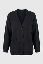 Black knit cardigan with ribbed details from Lumina Wear, featuring a cozy fit and classic design in the Elena sweater collection.