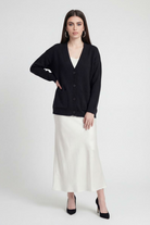 Black knit cardigan named Elena by Lumina Wear featuring ribbed details and a cozy fit, perfect for casual layering.