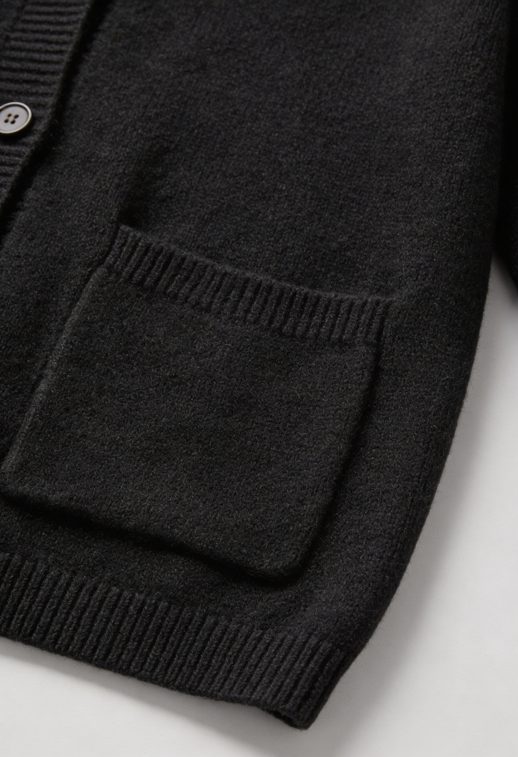 Black knit cardigan with ribbed details from Lumina Wear's Elena collection, cozy and stylish for casual wear.