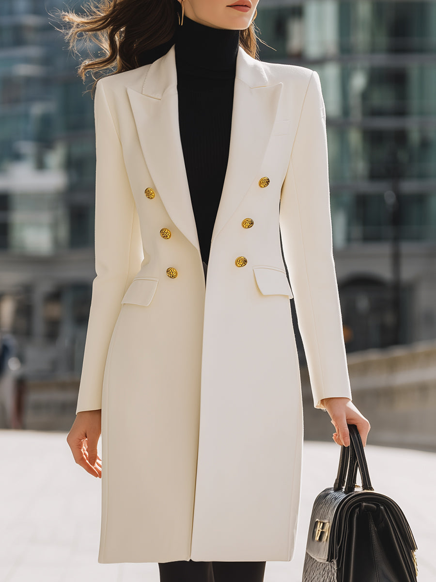 White Bernadette double-breasted blazer coat by Lumina Vancouver featuring gold button details, tailored fit, and stylish design.