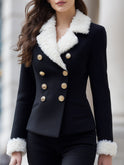 Black Lumina Wear double-breasted blazer with faux shearling trim, shown on a model, featuring a tailored fit and classic style.