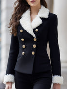 Black Lumina Wear double-breasted blazer with faux shearling trim, shown on a model, featuring a tailored fit and classic style.