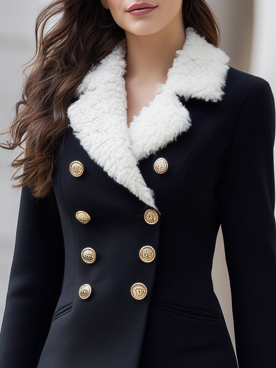 Black Lumina Wear double-breasted blazer with faux shearling trim, tailored fit, and stylish lapels, shown on a model.