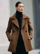 Camel double-breasted Lumina Vancouver jacket named Frankie, shown in size XS with stylish lapels and tailored fit.
