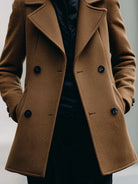 Camel Frankie double-breasted jacket by Lumina Vancouver, shown on a model, featuring classic lapels and tailored fit.