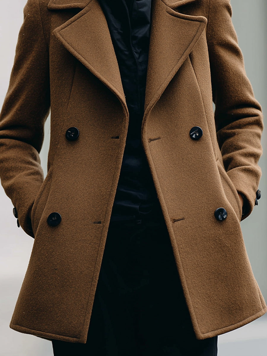 Camel Frankie double-breasted jacket by Lumina Vancouver, shown on a model, featuring classic lapels and tailored fit.