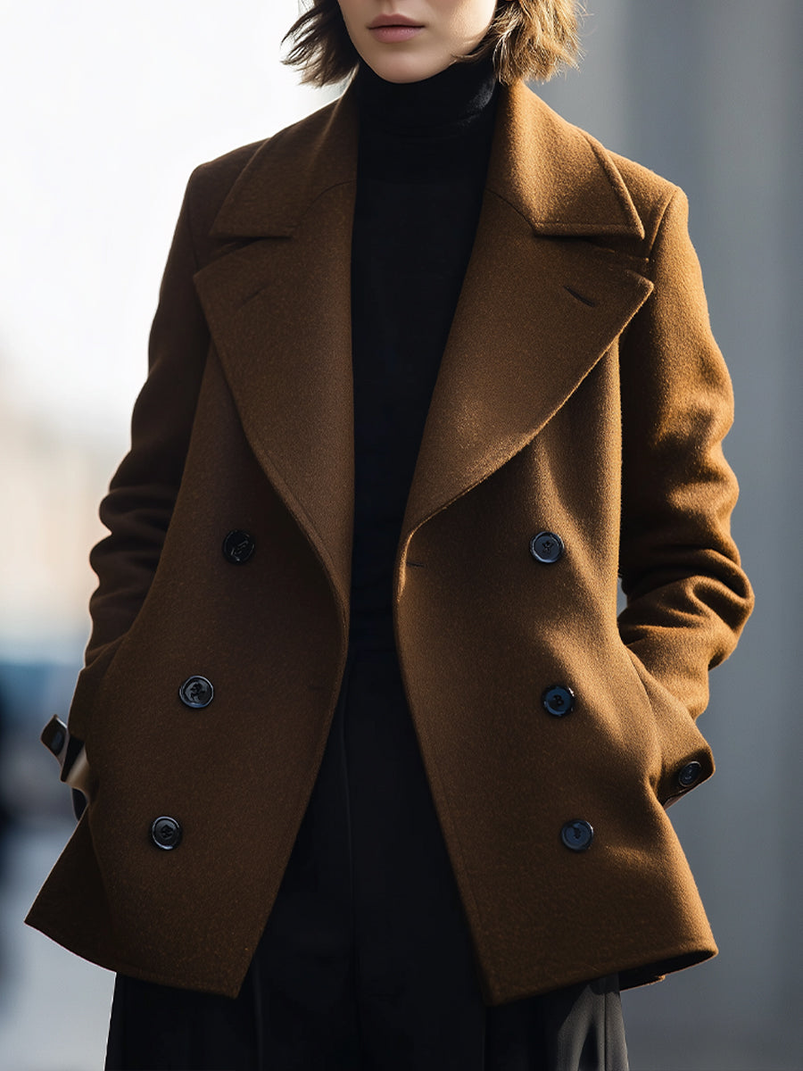 Elena Lumina Vancouver double-breasted coffee jacket, lightweight coat with lapel collar and tailored fit, ideal for fall and winter wear.
