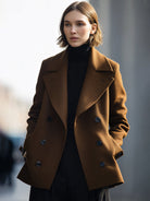 Elena Lumina Vancouver double-breasted coffee coat jacket with tailored fit and button details, stylish for cold weather.