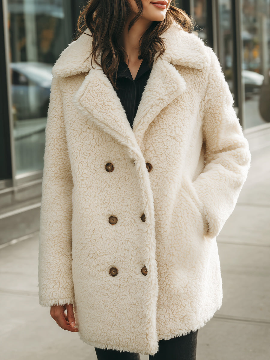 Winifred double-breasted faux shearling coat by Lumina Vancouver in white, showcasing cozy collar and stylish silhouette.