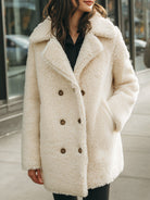 Winifred double-breasted faux shearling coat by Lumina Vancouver in white, showcasing cozy collar and stylish silhouette.