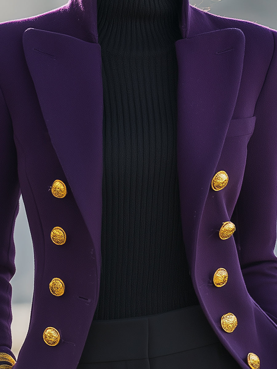 Ursula Lumina double-breasted military blazer jacket in deep purple, tailored fit, featuring gold buttons and structured design.