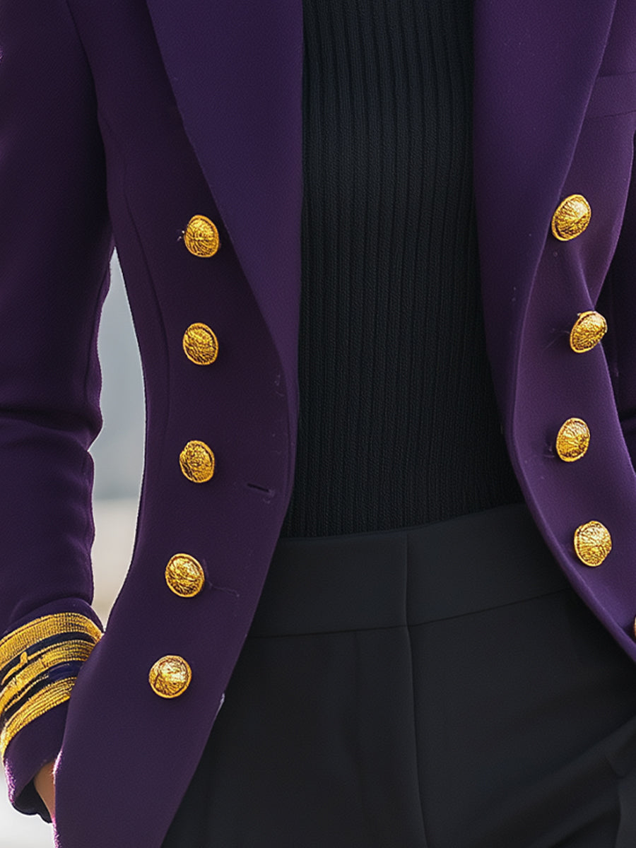 Ursula Lumina double-breasted military blazer jacket in deep purple, tailored fit, with gold buttons and structured collar.