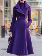Purple Agnes Lumina Vancouver double-breasted shawl collar flared midi coat, stylish and warm outerwear for winter fashion.