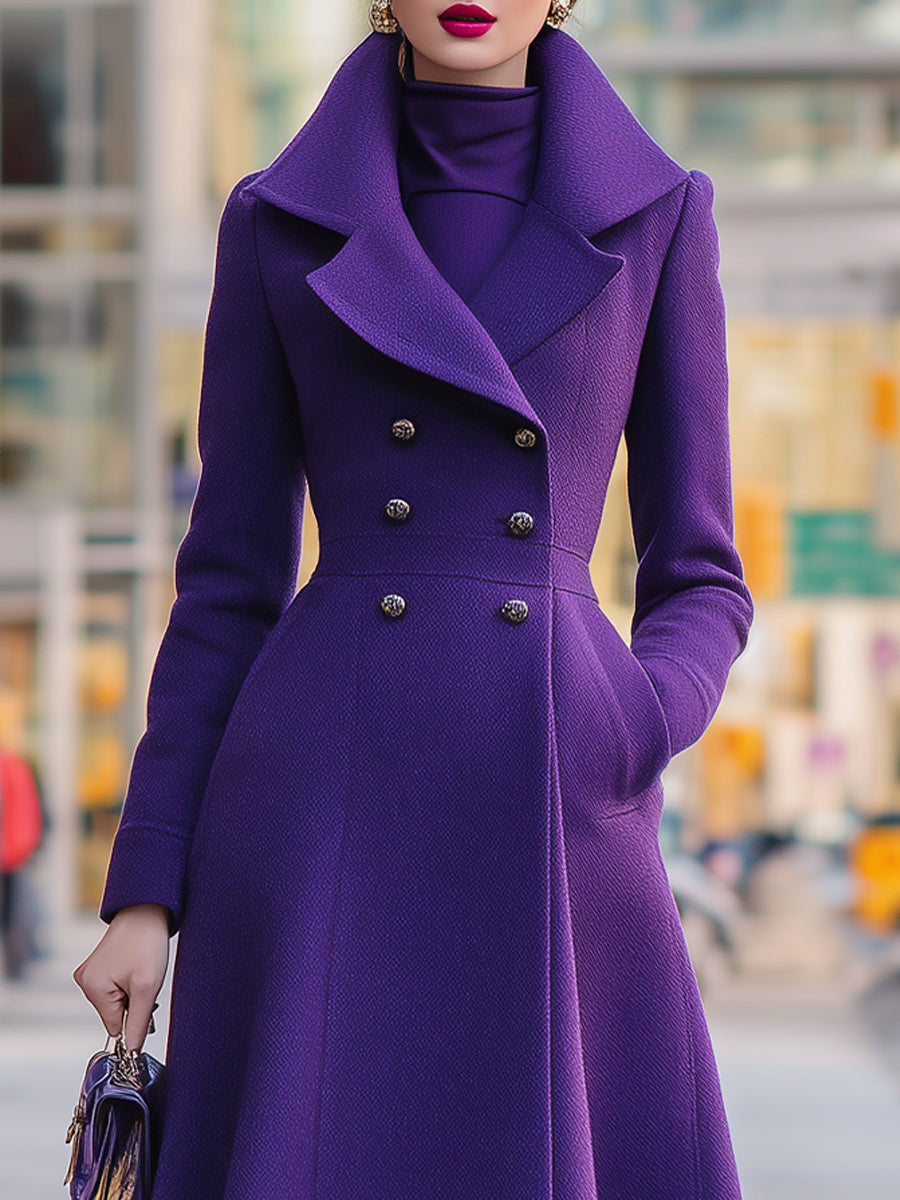 Purple Agnes double-breasted shawl collar flared midi coat by Lumina Vancouver, shown on a model.