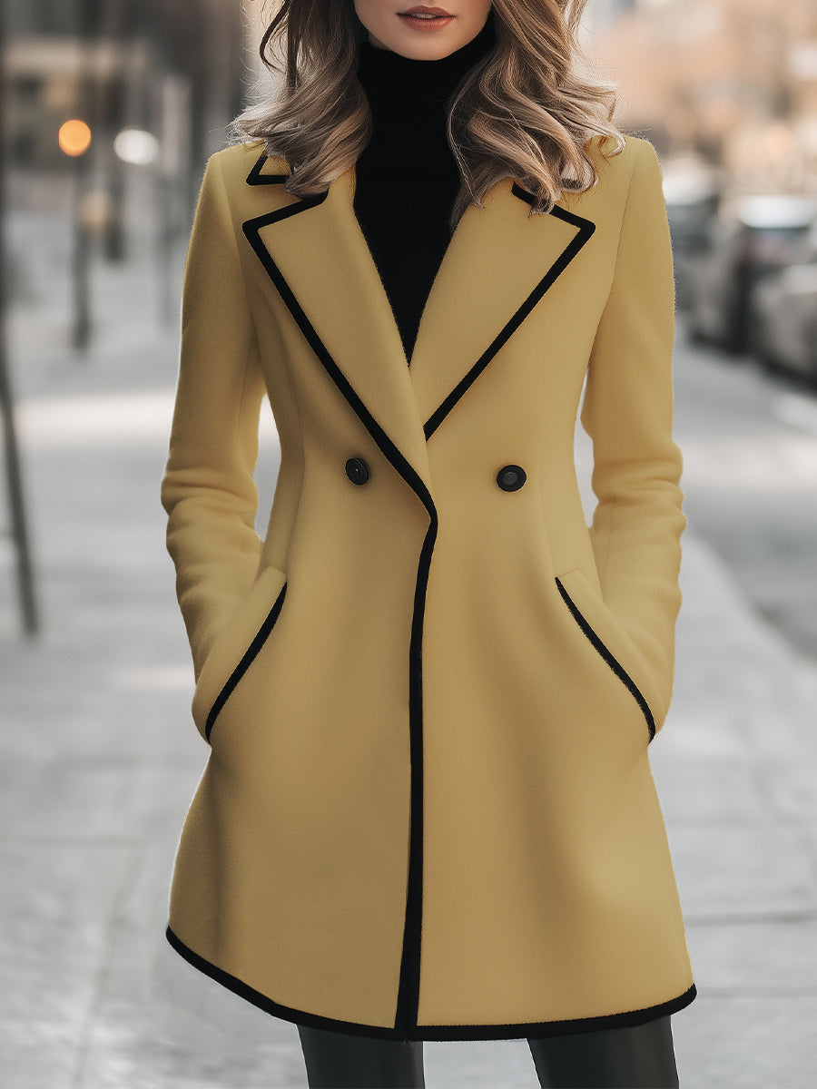 Lumina Vancouver Freya double-breasted white coat with black trim, stylish and tailored for a sophisticated look.