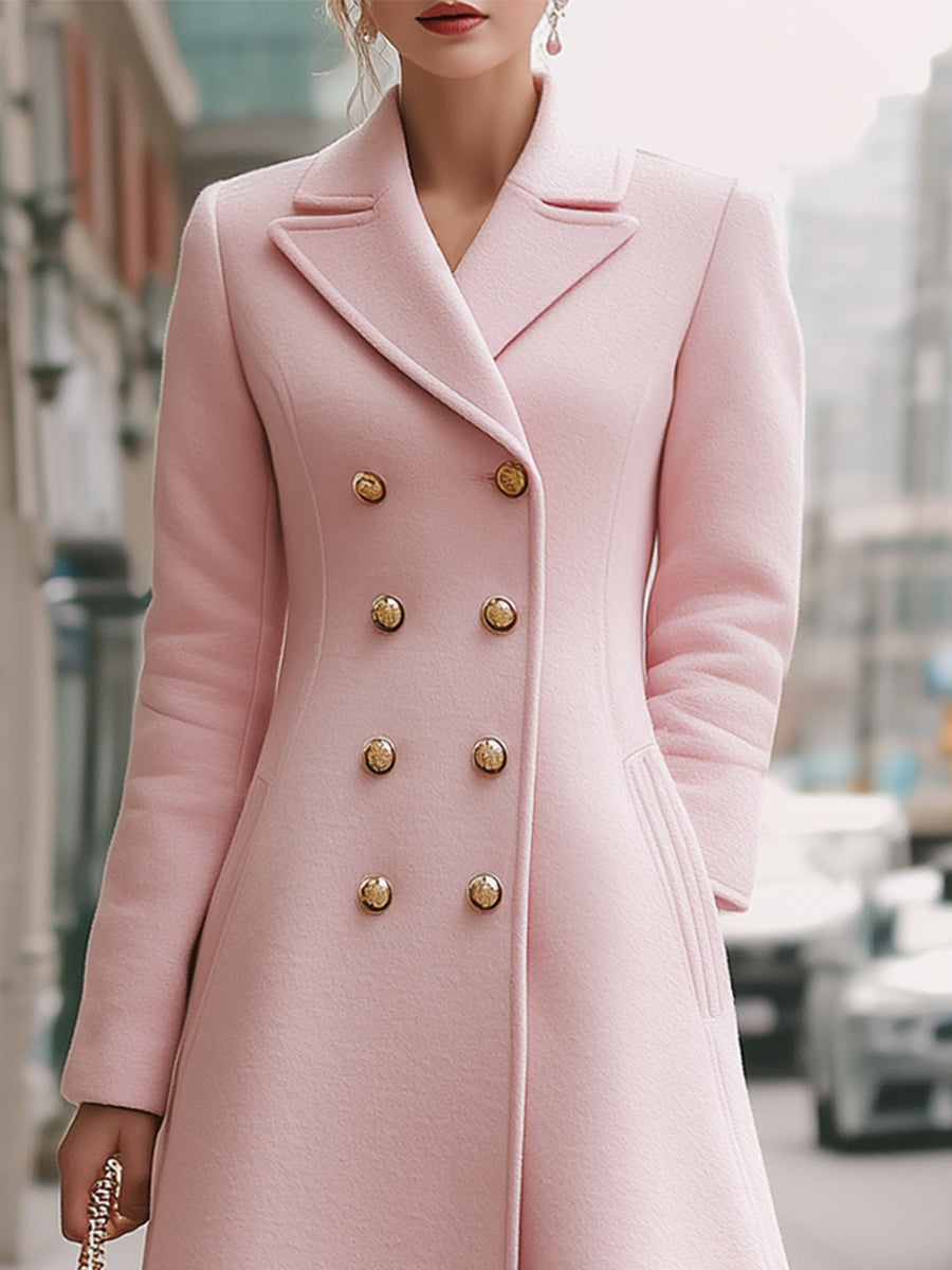 Elena double-breasted wool coat in blush pink by Lumina Vancouver, featuring a stylish tailored fit and classic design.
