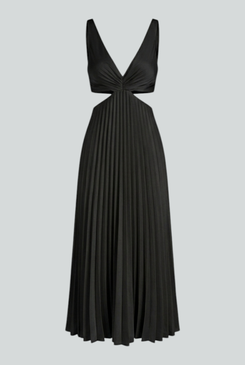 Elegant black pleated dress from Lumina Wear featuring a flattering silhouette, perfect for formal occasions.