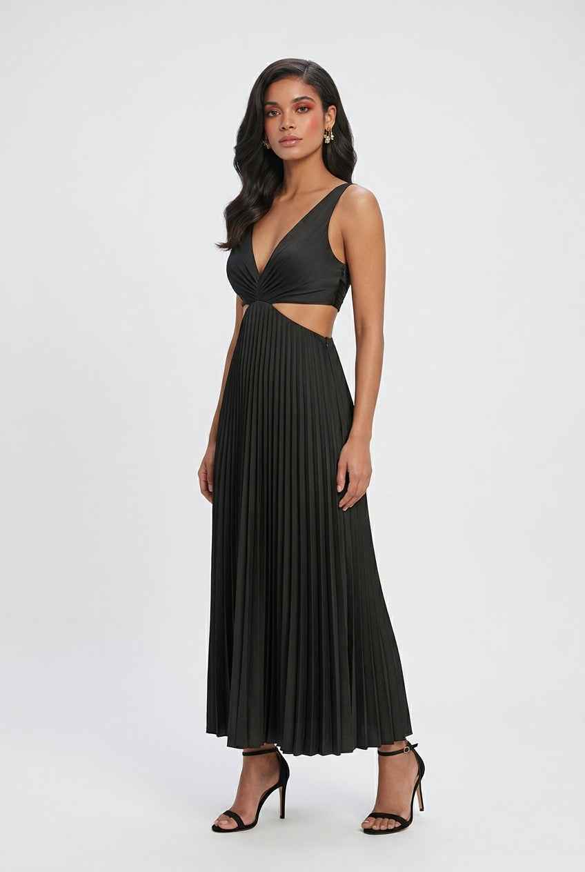 Elegant black pleated dress by Lumina Wear featuring a flattering silhouette and stylish design, perfect for formal occasions.