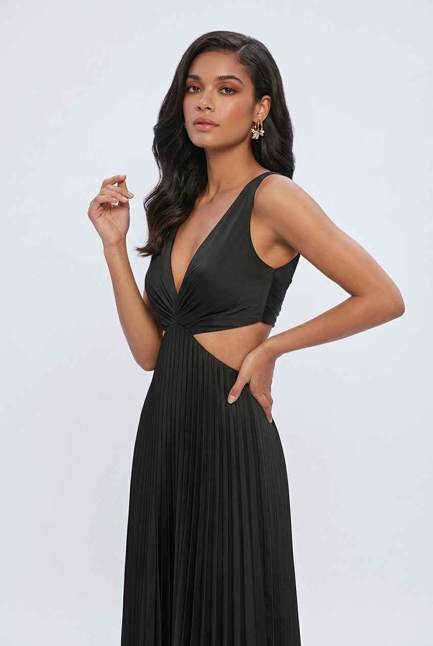 Elegant black pleated dress by Lumina Wear featuring a flattering silhouette, perfect for stylish occasions.
