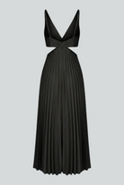 Elegant black pleated dress by Lumina Wear featuring a flattering silhouette, displayed on a hanger.