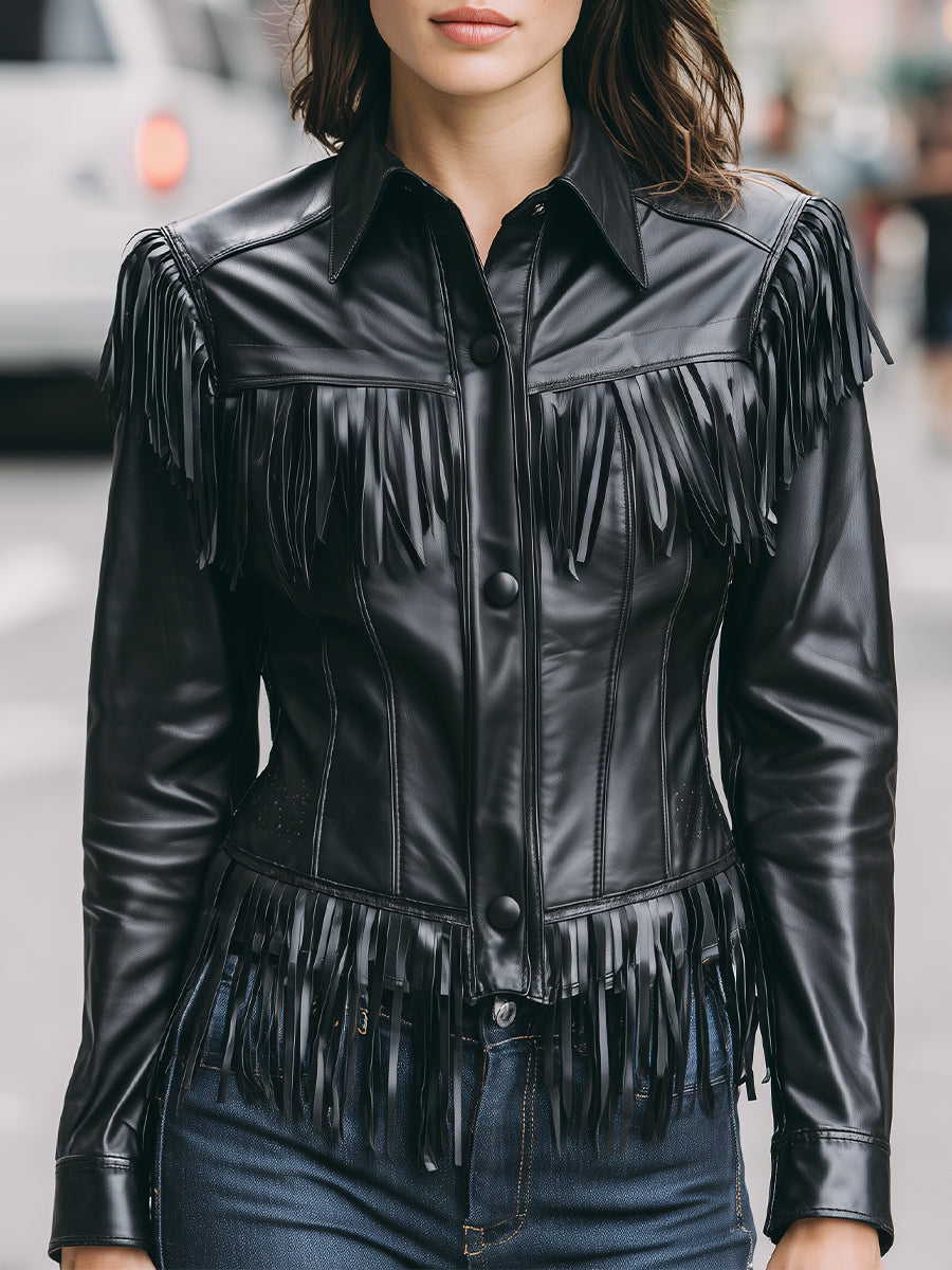 Winona faux leather jacket with black fringe by Lumina Vancouver, featuring stylish fringe details in black leather.