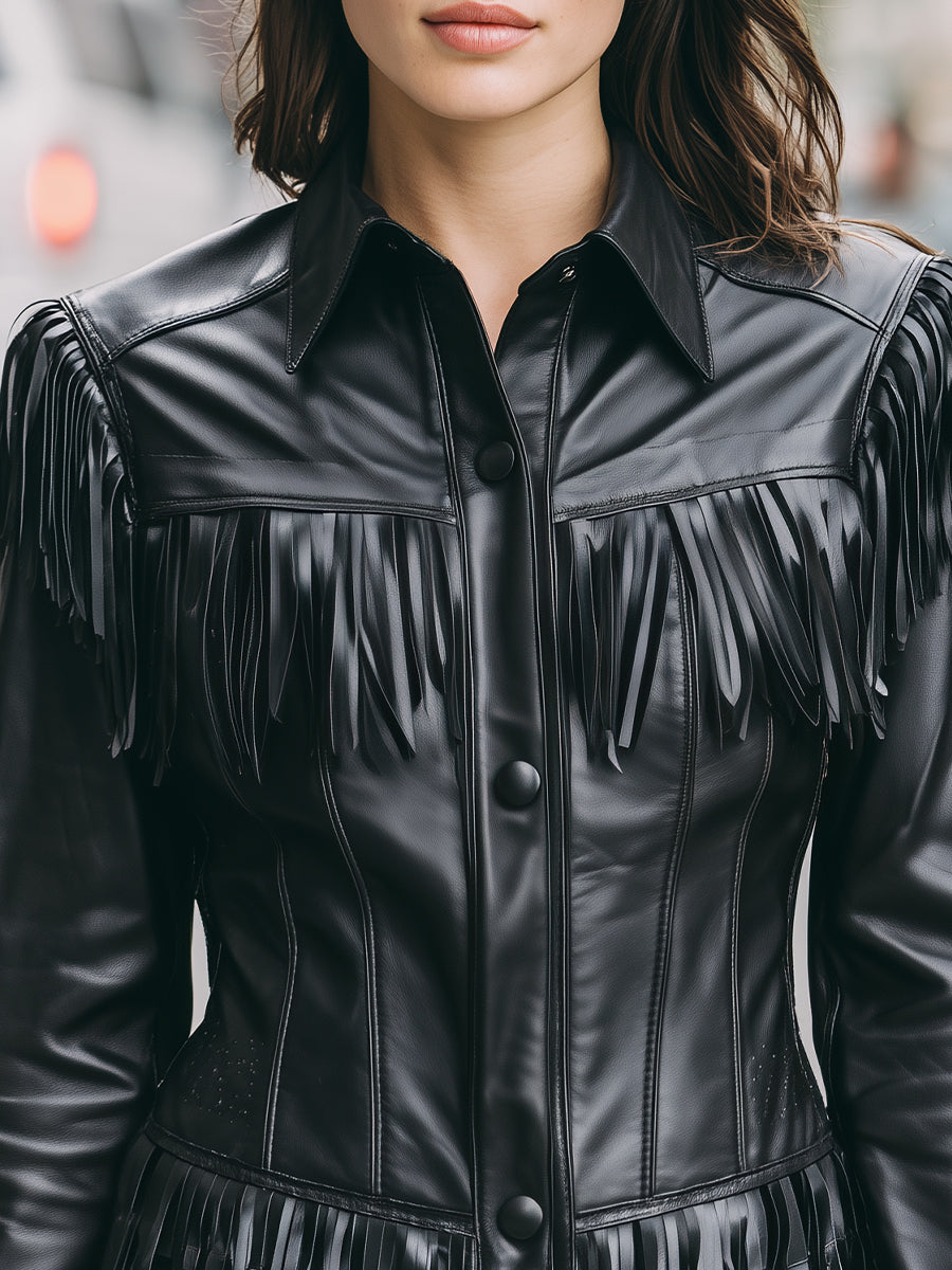 Winona faux leather jacket with black fringe by Lumina Vancouver, shown in black, XS size, featuring stylish fringe details.