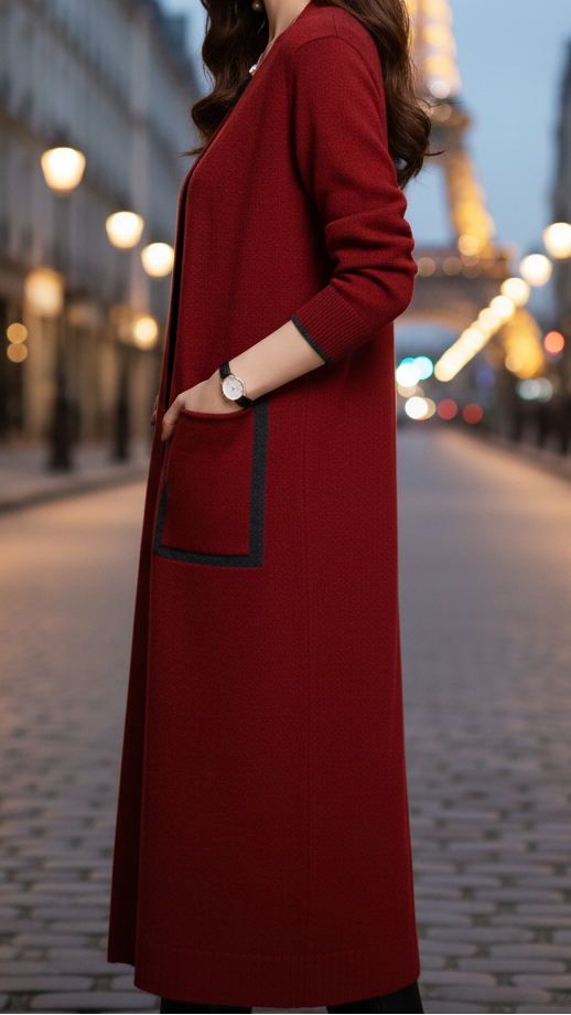 Lumina Vancouver Elena longline coat with functional pockets in urban red, featuring a stylish and practical design.