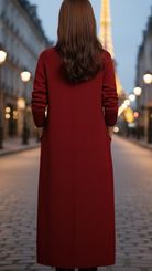 Red Elena Lumina Vancouver longline coat with functional pockets, perfect for urban style and layered winter wear.