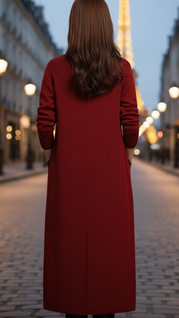 Red Elena Lumina Vancouver longline coat with functional pockets, perfect for urban style and layered winter wear.
