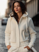 Lumina Vancouver Ivy hooded jacket with contrast trim fleece patchwork in white, lightweight and stylish for casual wear.