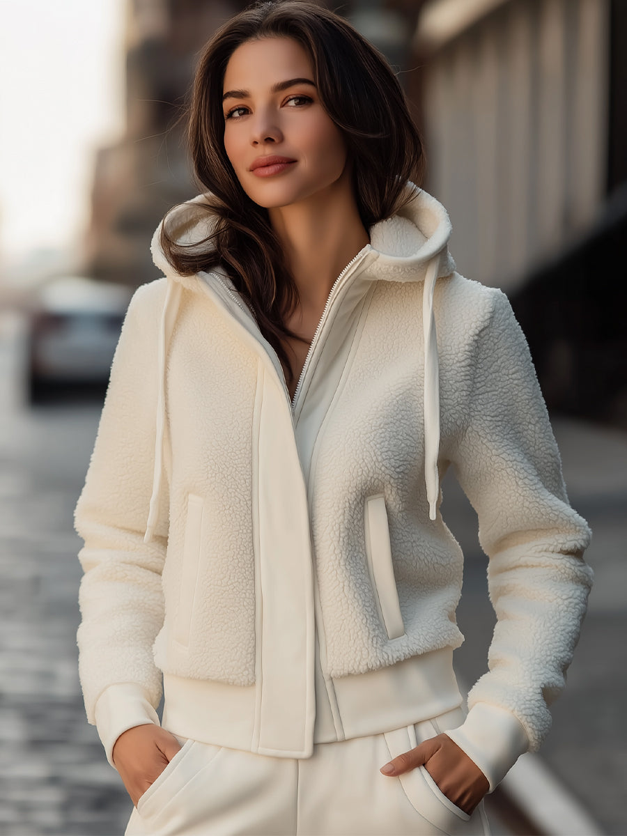 Lumina Vancouver Ivy hooded jacket with contrast trim fleece patchwork in white, lightweight and stylish for casual wear.