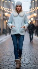 Light blue Elena jacket with fluffy collar from Lumina Wear, shown on a model, featuring a stylish and cozy winter design.