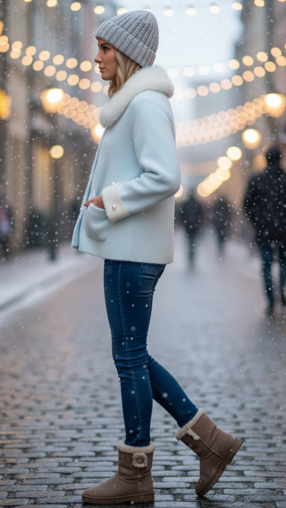 Light blue Elena jacket with fluffy collar by Lumina Wear, showing the cozy collar and stylish fit in a close-up image.