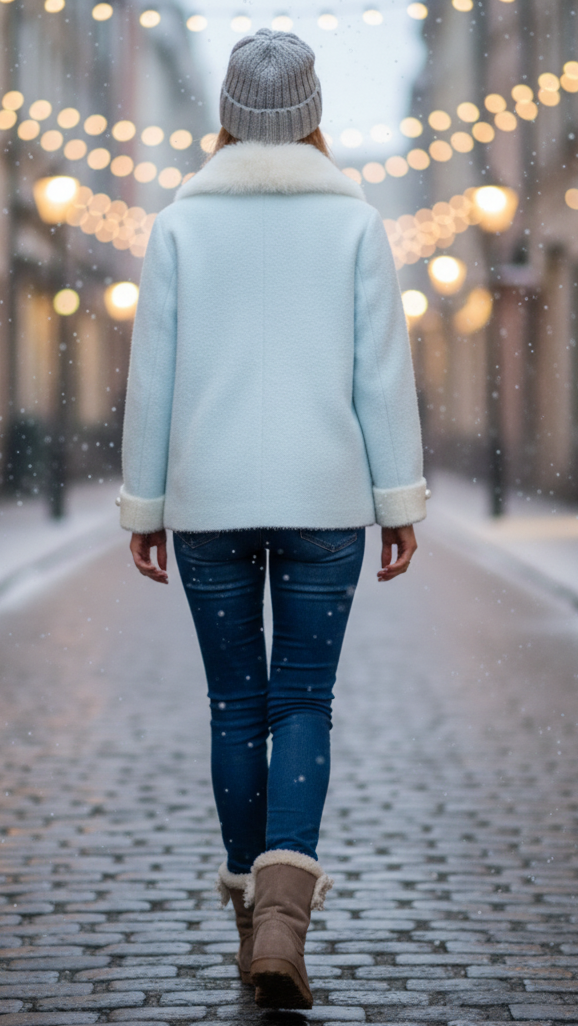 Light blue Elena jacket with fluffy collar by Lumina Wear, shown from the front with zipper closure and stylish design.