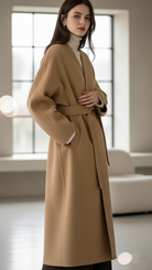 Camel kimono-style coat with belt by Lumina Vancouver, featuring a relaxed fit and stylish design in this image.